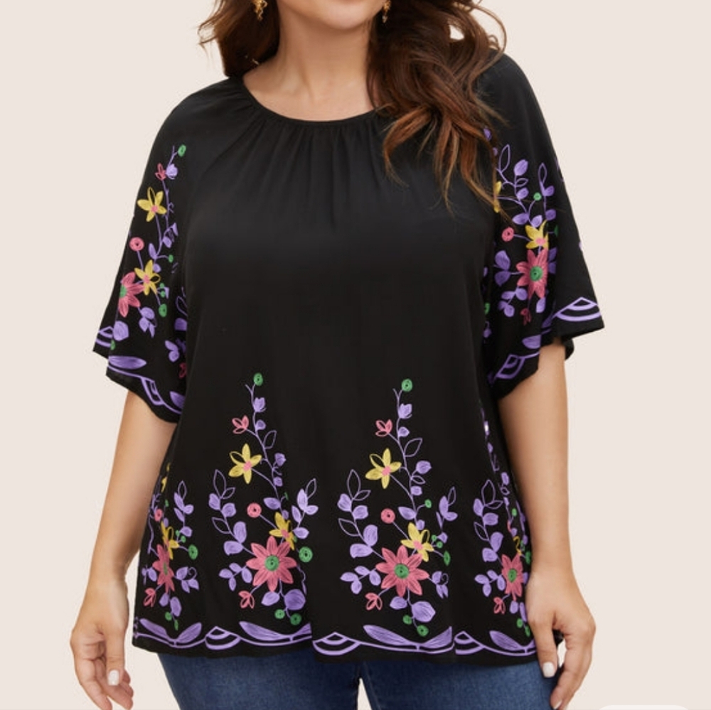 NWT book print, gathered ruffle sleeve blouse